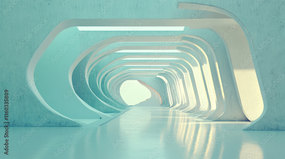 Obraz premium modern architectural interior featuring curved walls and reflective floor, creating serene and futuristic atmosphere. soft lighting enhances unique design elements