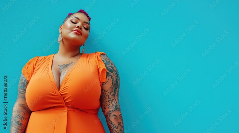 Obraz premium A radiant plus-size woman with full sleeves of geometric tattoos, dressed in a vibrant orange outfit, standing confidently on a solid bright blue background.