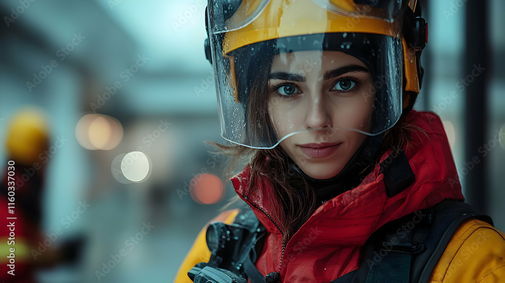 A determined female firefighter ready for action in a protective helmet and gear. A determined female firefighter ready for action in a protective helmet and gear.