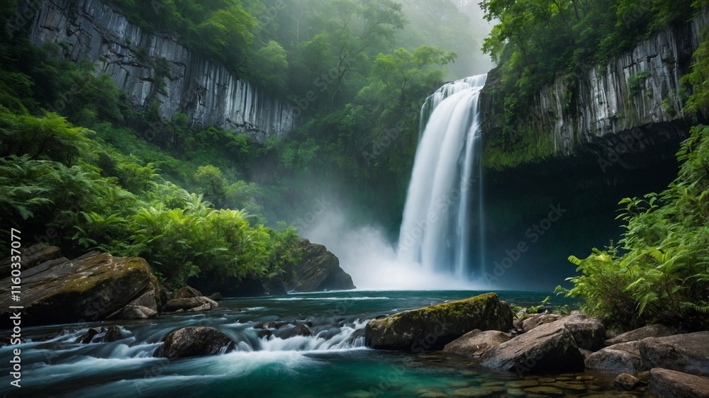 Fototapeta premium Serene Waterfall in Lush Forest