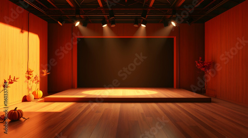 Colorful red stage with spotlight and people enjoying a concert at night in the city,  photo