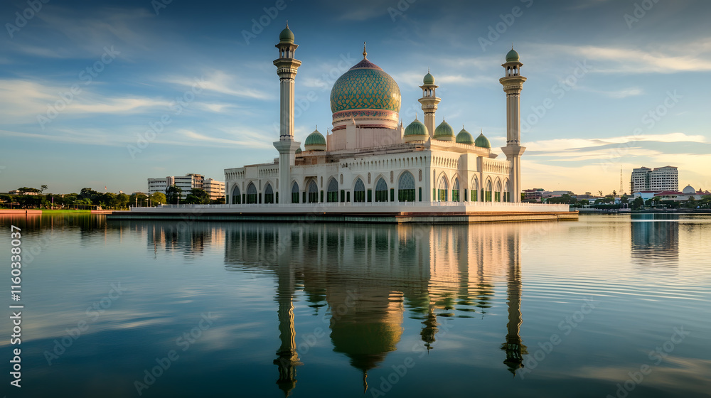 Obraz premium Beautiful Mosque by Serene Lake Reflecting in Tranquil Waters : Generative AI