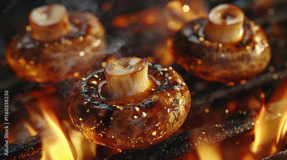 Grilled Mushrooms Cooking Over Open Flames in a Barbecue Setting Grilled Mushrooms Cooking Over Open Flames in a Barbecue Setting