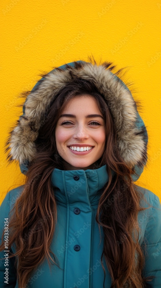 A smiling long-haired woman wearing a cozy blue winter coat with a fur-lined hood, standing confidently against a vibrant yellow background. A smiling long-haired woman wearing a cozy blue winter coat with a fur-lined hood, standing confidently against a vibrant yellow background.