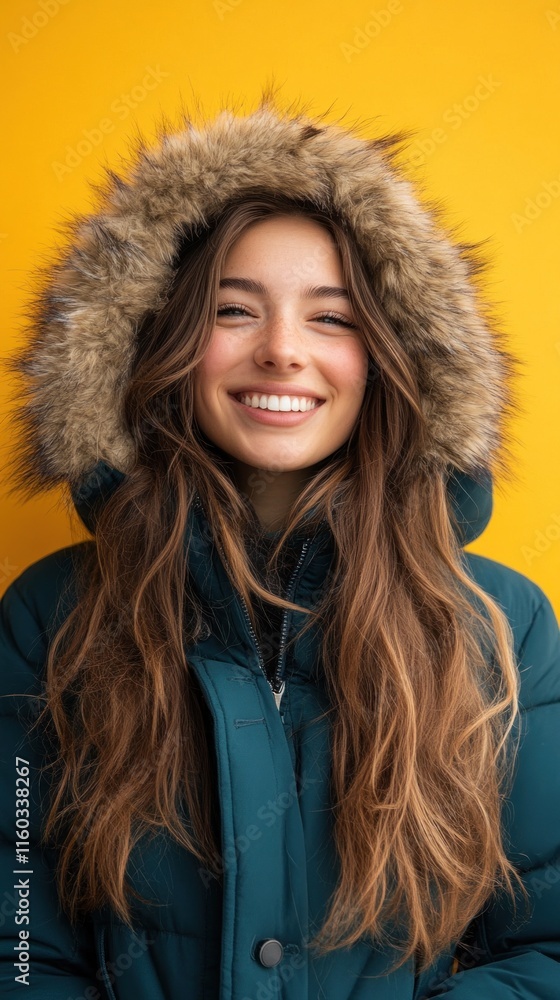 A smiling long-haired woman wearing a cozy blue winter coat with a fur-lined hood, standing confidently against a vibrant yellow background. A smiling long-haired woman wearing a cozy blue winter coat with a fur-lined hood, standing confidently against a vibrant yellow background.
