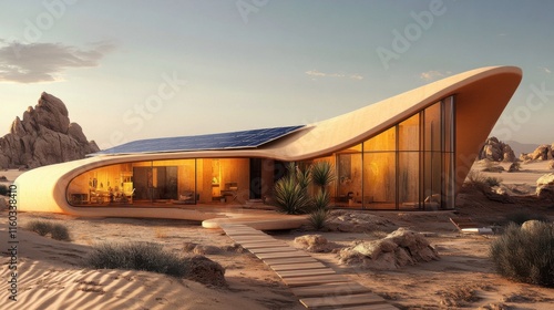 An eco-friendly desert villa using solar panels, passive cooling systems, and sandstone-like materials photo