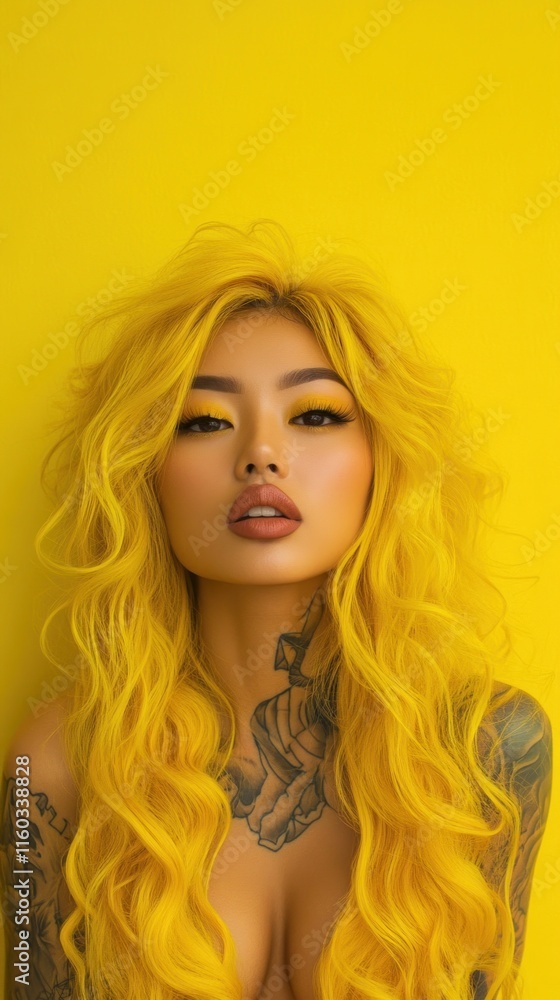 A striking Asian woman with big eyes, full lips, and long yellow curly hair. Her tattoos add flair as she poses confidently on a bold yellow background. A striking Asian woman with big eyes, full lips, and long yellow curly hair. Her tattoos add flair as she poses confidently on a bold yellow background.