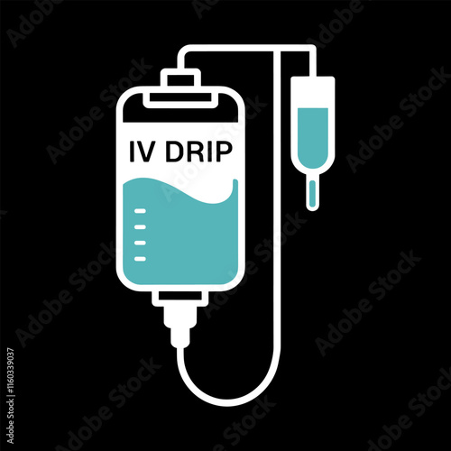 IV Drip Bag Icon with Fluid and Tubing on Black Background