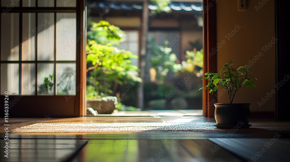 Japanese House Interior with Open View to Traditional Zen Garden and Minimalist Decor : Generative AI Japanese House Interior with Open View to Traditional Zen Garden and Minimalist Decor : Generative AI
