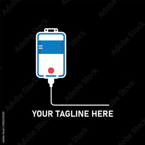 IV fluid bag icon with editable tagline on black background for medical and healthcare concept