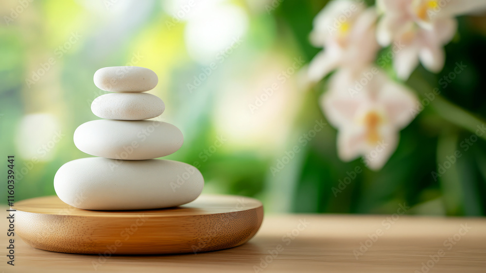 Serene Arrangement of Smooth Stones on Wooden Base with Soft Floral Background Serene Arrangement of Smooth Stones on Wooden Base with Soft Floral Background