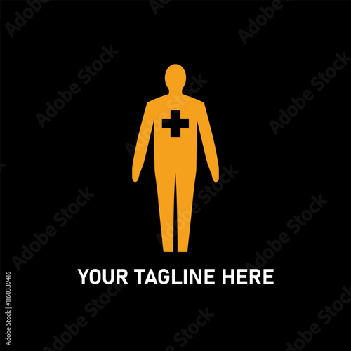 Human figure with medical cross icon for health and wellness concept on black background