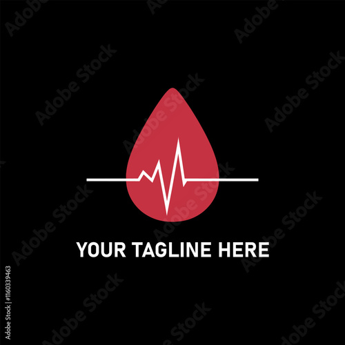Blood drop with heartbeat line icon for donation and healthcare on black background