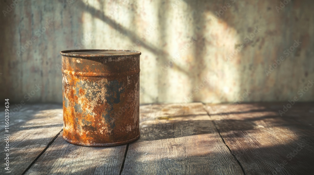 Rusty metal canister on wooden surface with soft sunlight shadows Rusty metal canister on wooden surface with soft sunlight shadows