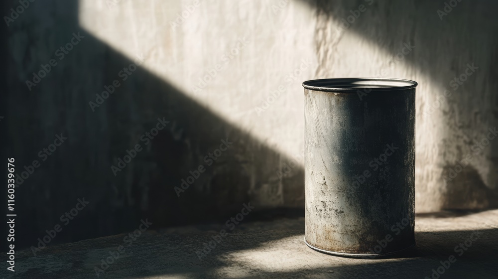 Rustic Metal Can in Soft Light and Shadow on Weathered Surface Rustic Metal Can in Soft Light and Shadow on Weathered Surface