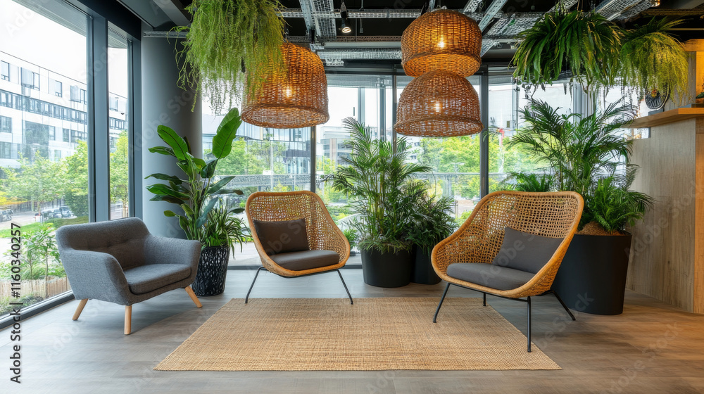 Fototapeta premium Modern interior design featuring stylish rattan chairs, cozy sofa, and lush greenery. space is bright and inviting, perfect for relaxation or socializing