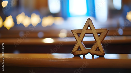 Wooden Star of David on Synagogue Pew with Glowing Candlelights in Background : Generative AI