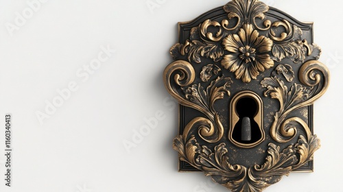 A decorative vintage lock with an ornate floral pattern on a seamless white surface.