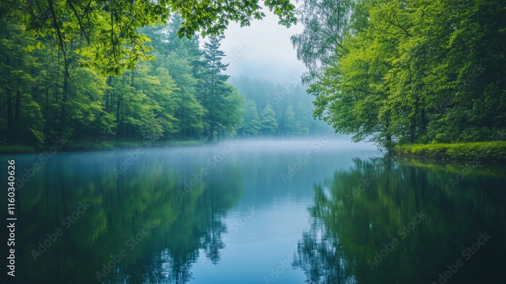 Serene Foggy Lake Surrounded By Lush Green Trees Serene Foggy Lake Surrounded By Lush Green Trees
