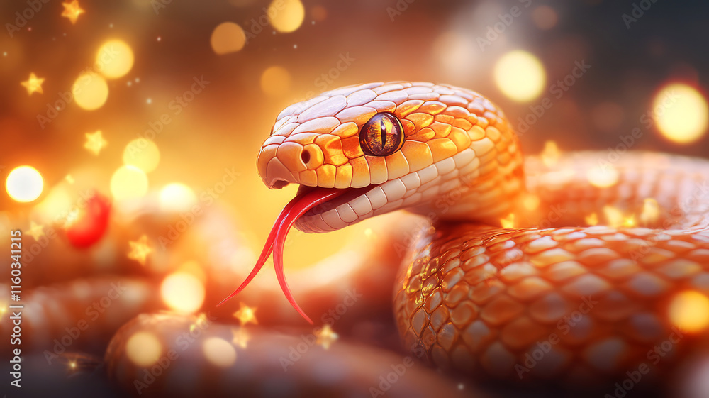 Stunning close-up of vibrant orange snake with sparkling bokeh background and vivid detail Stunning close-up of vibrant orange snake with sparkling bokeh background and vivid detail