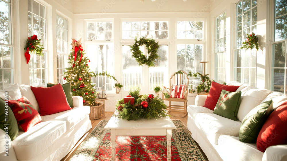 Cozy holiday living room decorated with Christmas tree, wreaths, and festive pillows. Bright sunlight fills space, creating warm and inviting atmosphere Cozy holiday living room decorated with Christmas tree, wreaths, and festive pillows. Bright sunlight fills space, creating warm and inviting atmosphere