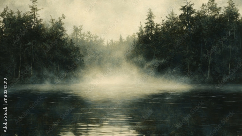 Fototapeta premium Serene Misty Lake Enveloped by Dark Green Trees