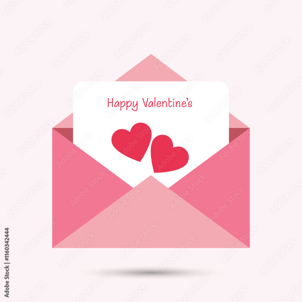 A pink envelope with a Valentine's Day card inside, displaying two hearts and a festive greeting. Perfect for celebrating love, affection, and romance during Valentine's holiday. A pink envelope with a Valentine's Day card inside, displaying two hearts and a festive greeting. Perfect for celebrating love, affection, and romance during Valentine's holiday.