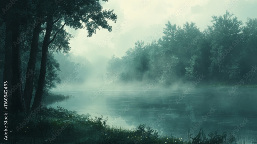 Serene River Mist Envelops A Forest Landscape Serene River Mist Envelops A Forest Landscape