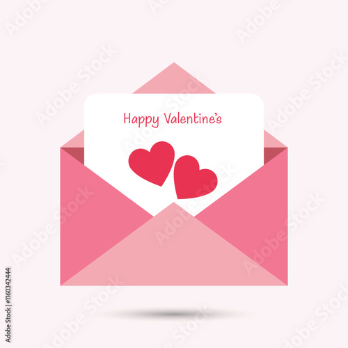 A pink envelope with a Valentine's Day card inside, displaying two hearts and a festive greeting. Perfect for celebrating love, affection, and romance during Valentine's holiday.