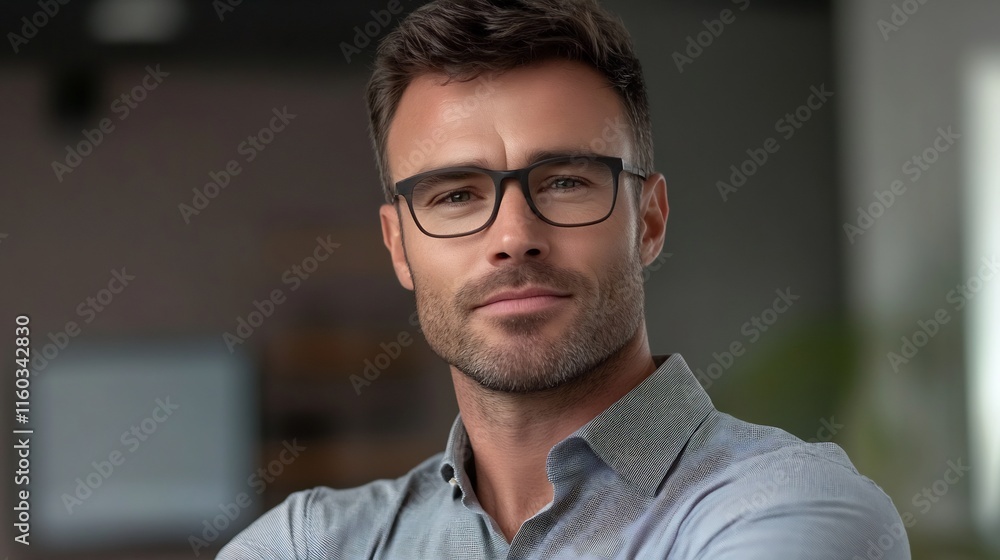 Close-up Photo: Confident Man Wearing Stylish Glasses Indoors. AI Generated Close-up Photo: Confident Man Wearing Stylish Glasses Indoors. AI Generated
