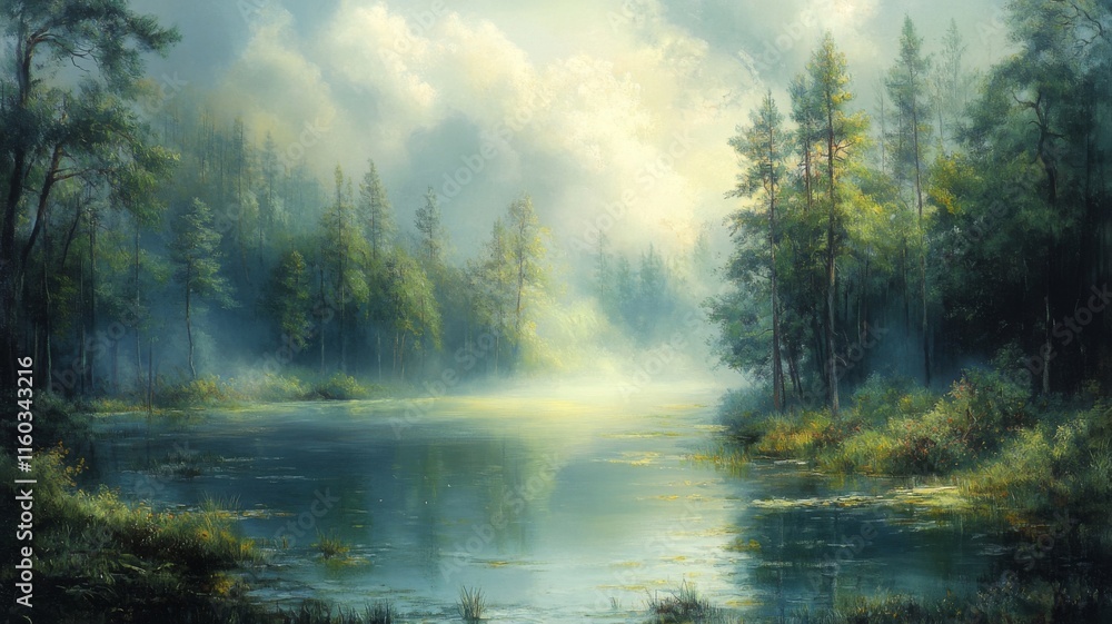 Serene Forest River Landscape Painting Mist Morning Serene Forest River Landscape Painting Mist Morning