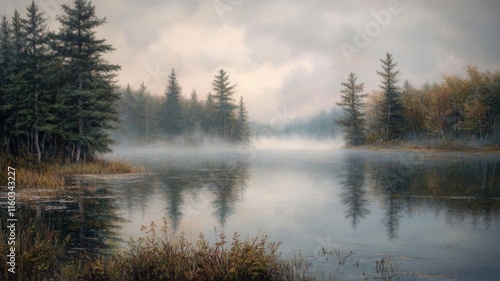 Serene Misty Lake Morning Among Tall Pines