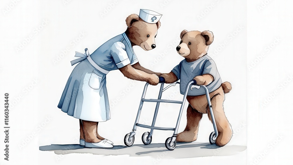 Caring nurse bear assists elderly bear with walker in gentle hospital setting Caring nurse bear assists elderly bear with walker in gentle hospital setting