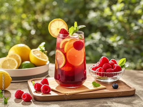 Spring or summer refreshing cold cocktail or mocktail with berries and lemon, raspberry lemonade