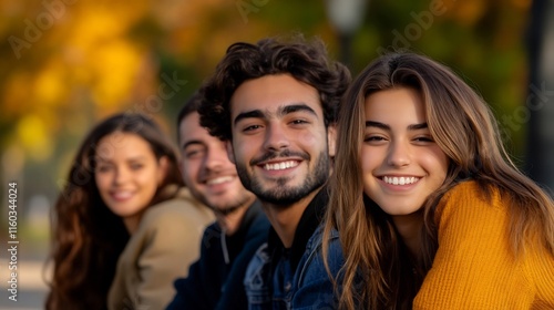 Smiling Friends Joyfully Pose Outdoors in Autumn Sunlight: Close-up Photo. AI Generated