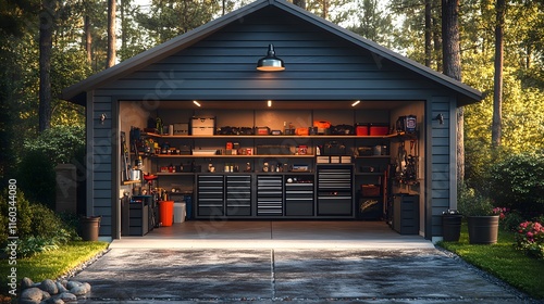 Realistic rendering of an organized garage with sleek storage options and neat layout photo