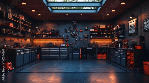 Stylish and clean garage mockup with mounted storage systems and minimal clutter photo