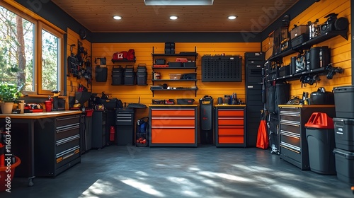 High-quality image of a garage with mounted storage cabinets, bins, and racks photo