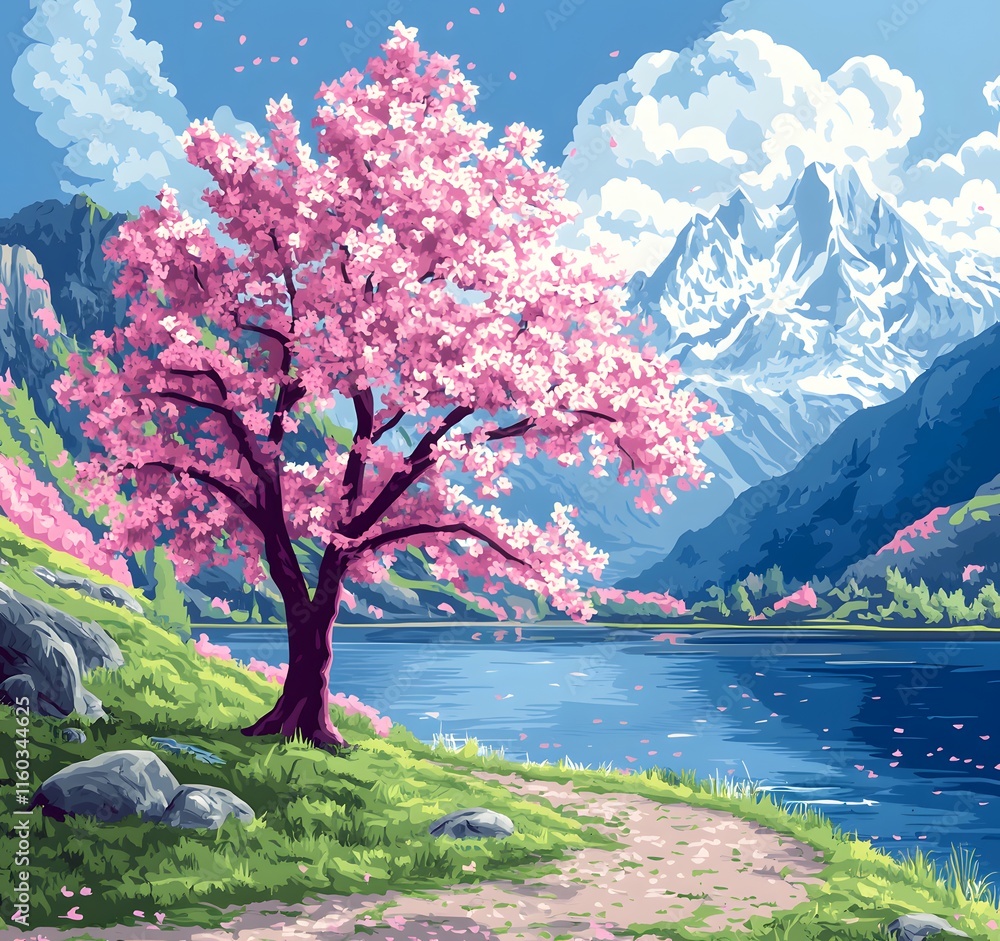 Naklejka premium A magnificent and beautiful cherry blossom tree standing alone, with beautiful mountain and lake views
