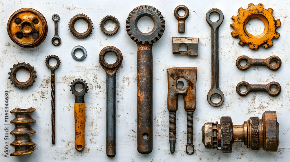 Fototapeta premium A collection of various rusted metal tools and mechanical parts arranged on a surface.