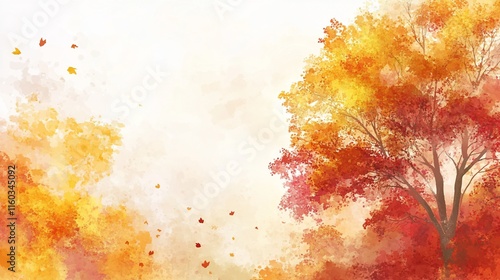 Vibrant autumn foliage, red and gold leaves on trees, soft watercolor style.