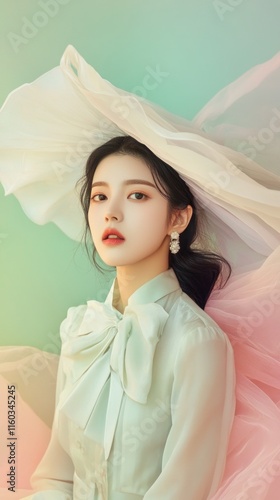 Korean star model wearing chic fashion clothes, posed elegantly against a pastel background, captured in high 4K resolution with soft, diffused lighting to enhance her beauty photo