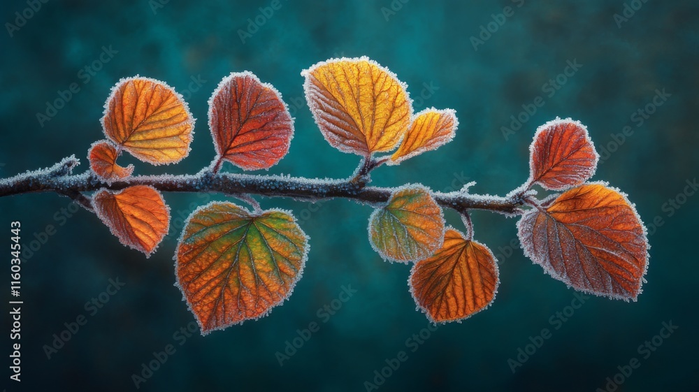 Frost Covered Autumn Leaves On Branch Frost Covered Autumn Leaves On Branch