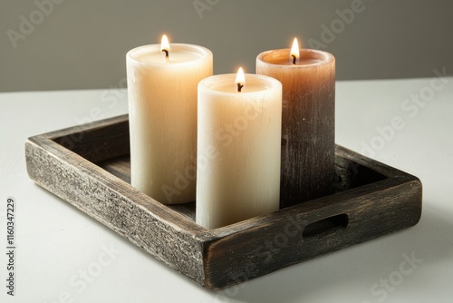 Three burning candles of varying shades sit on a rustic wooden tray. photo