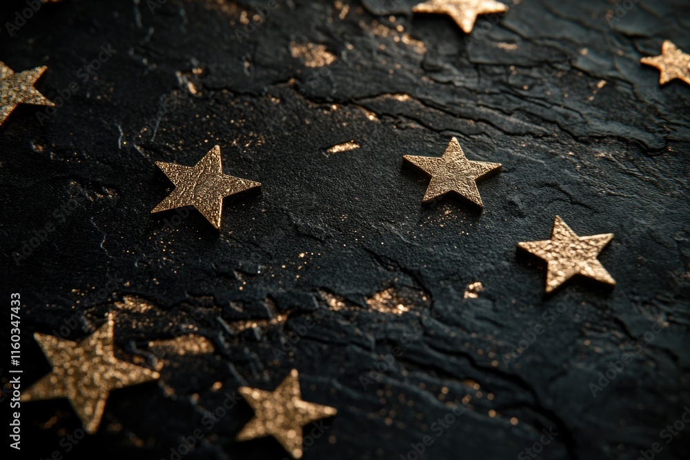 Golden stars scattered on a dark, textured surface, creating a magical, celestial scene. Golden stars scattered on a dark, textured surface, creating a magical, celestial scene.