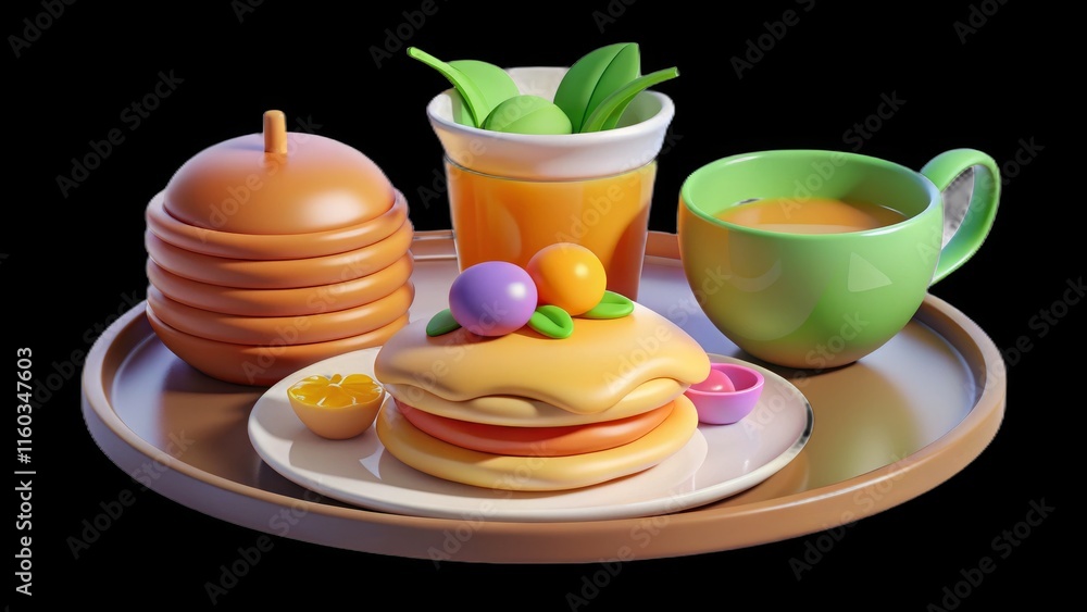 Vibrant breakfast scene with pancakes, juice, and coffee on a tray Vibrant breakfast scene with pancakes, juice, and coffee on a tray