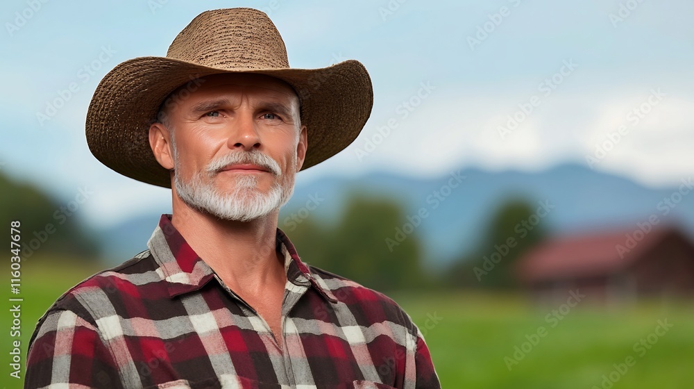 Fototapeta premium Close-up Photo: Ruggedly Handsome Farmer Pensively Gazing Across Serene Mountain Landscape. AI Generated