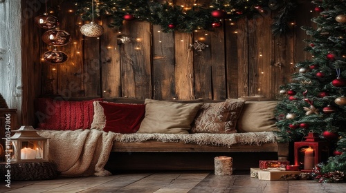 Rustic themed Christmas backdrop with festive decorations including wooden accents and warm colors photo