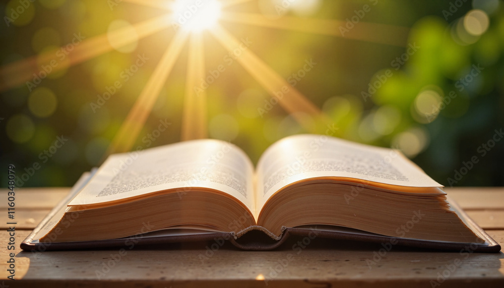 Open book on wooden table with sunlight shining Open book on wooden table with sunlight shining