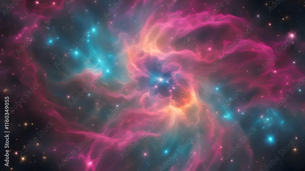 Vibrant Nebula with Swirling Neon Particles in Deep Space Vibrant Nebula with Swirling Neon Particles in Deep Space